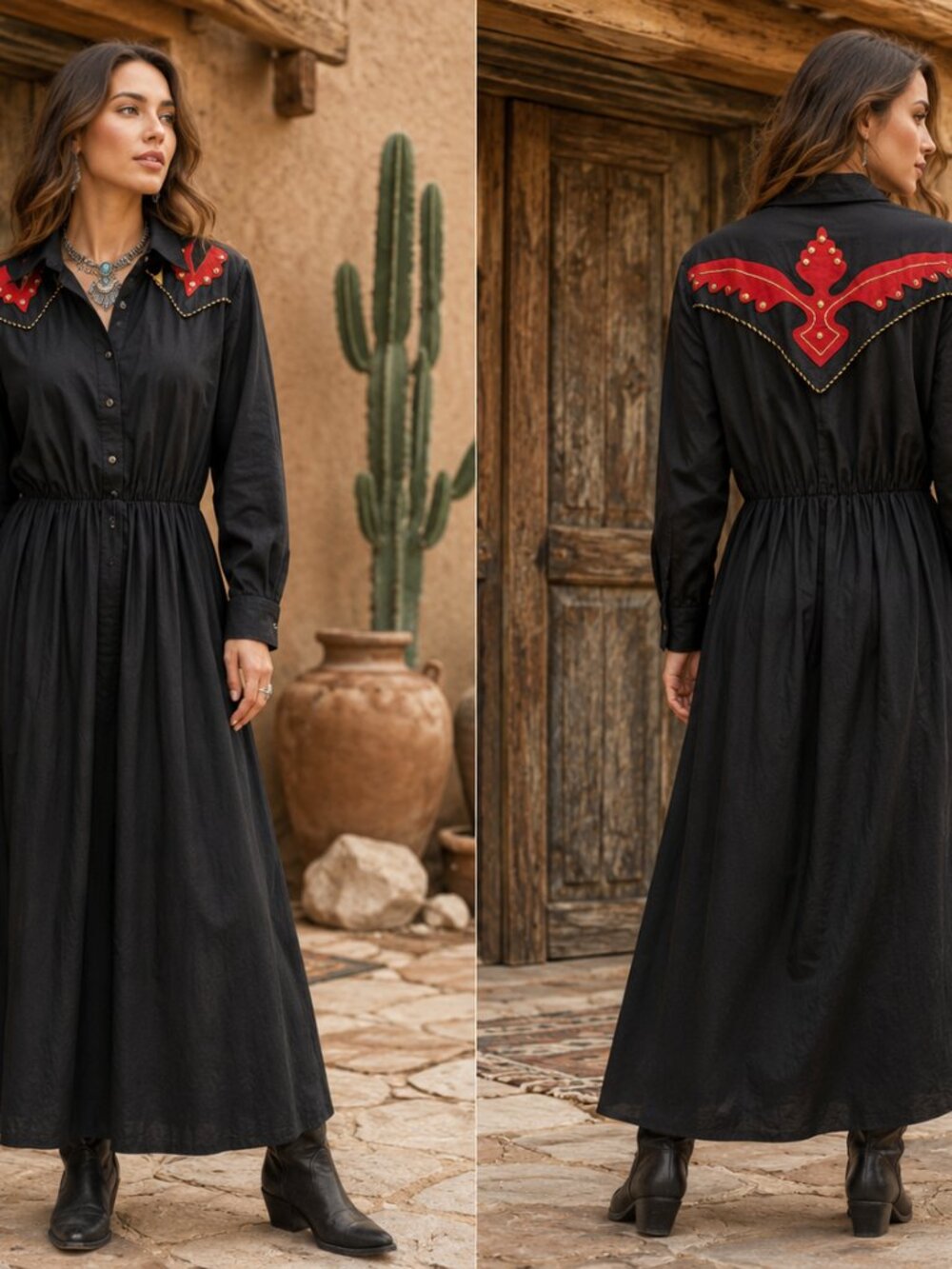 Lilia Smitty Western Rodeo Maxi Dress Black Red USA Cotton 9/10 VTG
